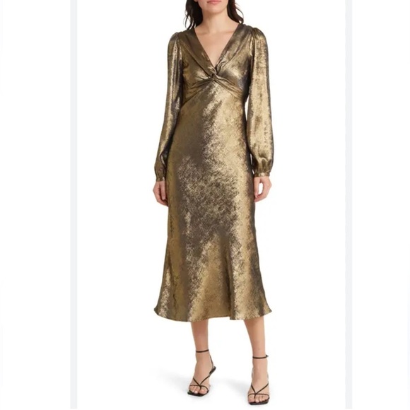 NWOT Lost + Wander Metallic Gold Long Sleeve V-Neck Open Back Midi Dress M - Picture 1 of 10